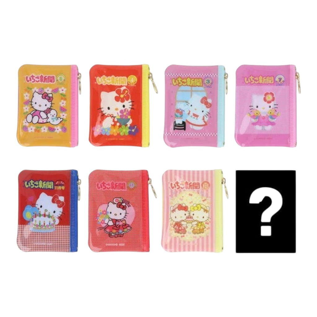 Six Hello Kitty zippered coin purses in different pastel and bright colors are arranged in two rows on a white background, with a black square containing a large question mark in the bottom right corner.