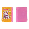 Two pink zippered Hello Kitty coin purses shown side by side on a white background. The left purse has a yellow-orange front with a Hello Kitty illustration and Japanese text, and the right purse is plain pink with a glossy finish.
