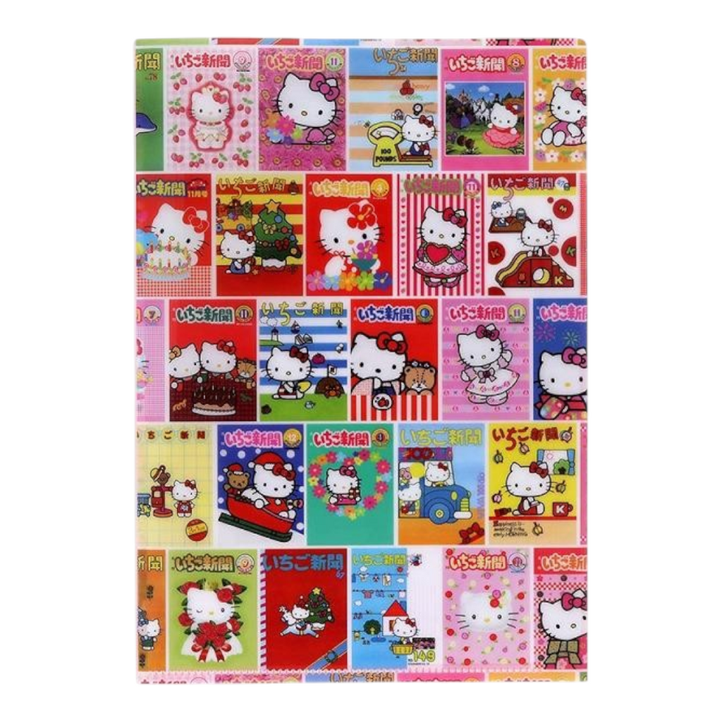 A square sheet of Hello Kitty-themed stickers or a sticker collage featuring multiple colorful panels with Hello Kitty illustrations, Japanese text, and festive designs on a white background.
