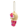 A small plush keychain charm shaped like a stylized face in a cream-colored head and bright pink floral clothing, hanging from a gold ball chain on a plain white background.