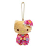 A Hello Kitty plush keychain charm in a pink floral kimono with a pink flower headband, attached to a gold ball chain, on a plain white background.