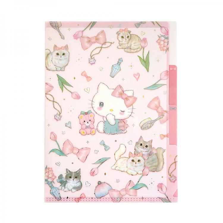 A pink file folder featuring a cute Hello Kitty and cat-themed pattern with bows, flowers, and small illustrations, shown on a plain white background.
