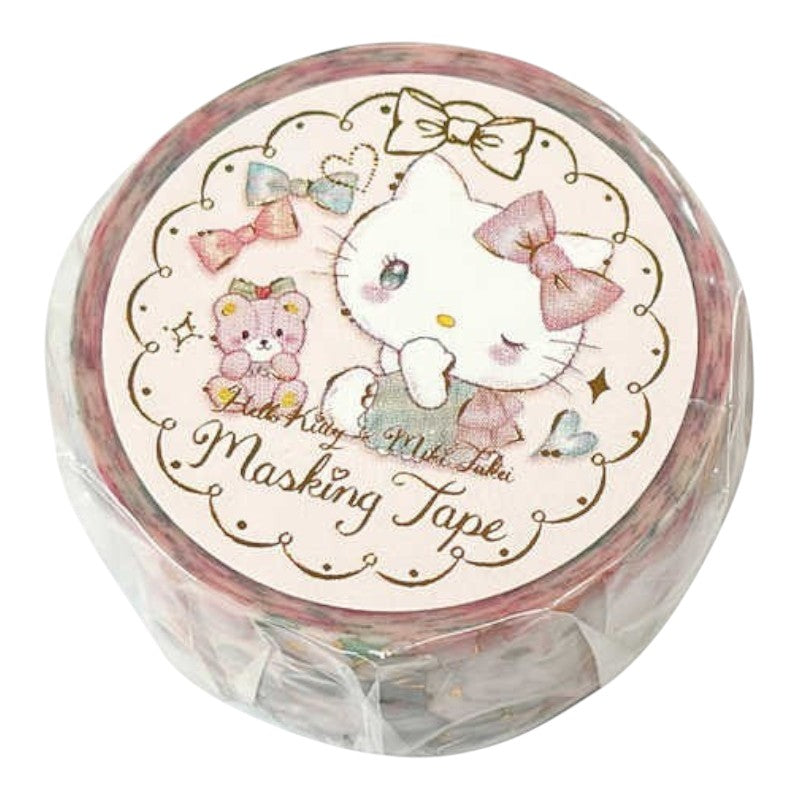 A roll of decorative masking tape in a clear plastic sleeve, featuring a round label with an illustration of Hello Kitty, a teddy bear, bows, and the text 'Ludo Nino x MiTiTaKa Masking Tape'.