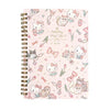 A spiral-bound notebook featuring a light pink cover decorated with Hello Kitty and Mickey Mouse illustrations, including cats, flowers, bows, and gold script text reading 'Hello Kitty Mickey Mouse & Oswald'.