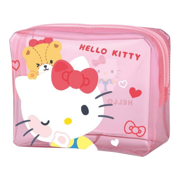 A pink translucent zippered pouch featuring Hello Kitty and a teddy bear graphic, with 'HELLO KITTY' text printed on the front, set against a plain white background.