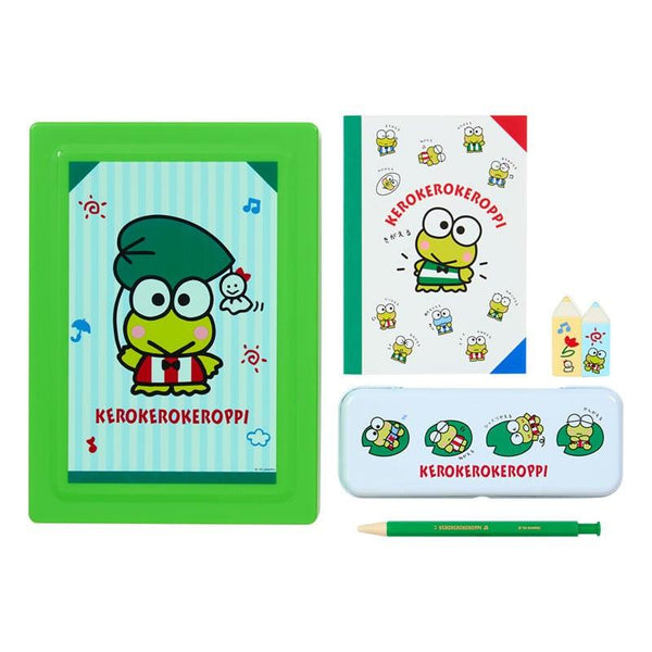 Kerokerokeroppi stationery set with notebook, pencil case, and stickers on a white background