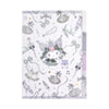 A white planner cover featuring a cute character with a pink snout and purple bow, surrounded by gray swans, ribbons, musical notes, and small illustrations, shown on a plain white background.