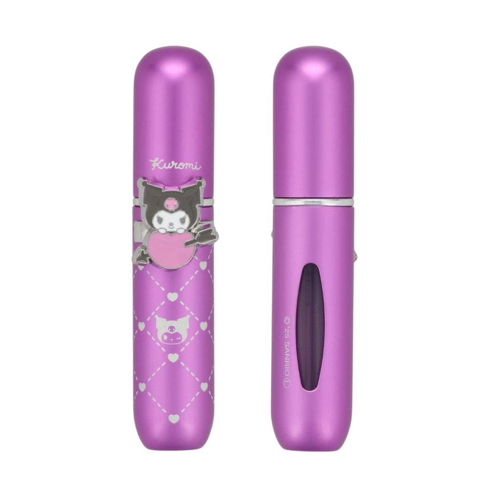 Twinkle Glory purple Kuromi perfume atomizer with a metallic finish, heart pattern, and character charm.