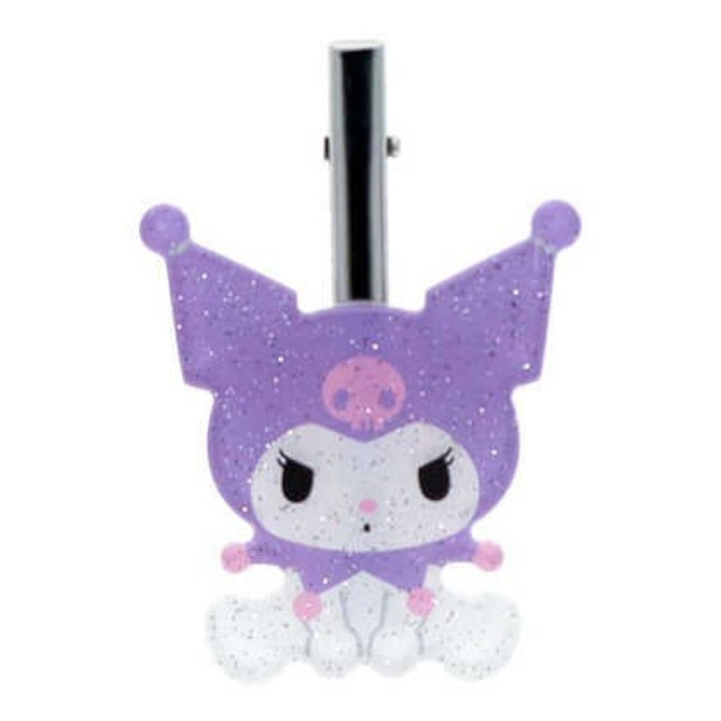 A purple glitter Kuromi character hair clip with a silver metal spring mechanism at the top, set against a plain white background.