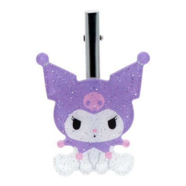 A purple glitter Kuromi character hair clip with a silver metal spring mechanism at the top, set against a plain white background.