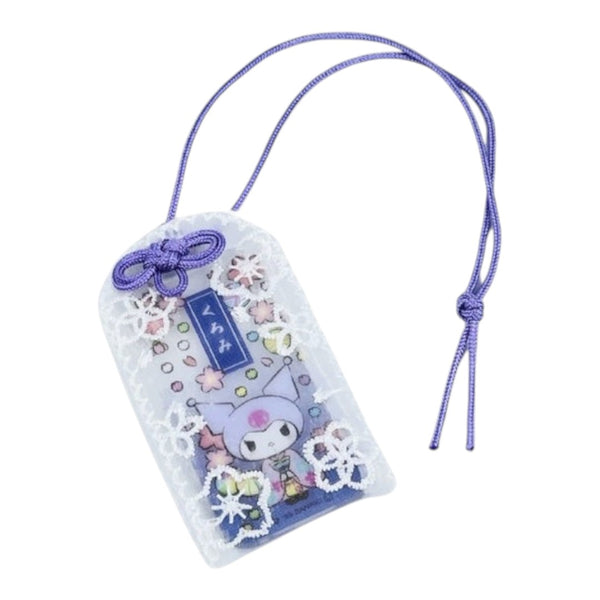 A clear plastic pouch with a purple hanging cord, decorated with white lace, small colorful stickers, and a cartoon character on a blue card insert, shown on a plain white background.