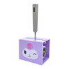 A purple toilet paper holder with a cartoon face design and a gray-handled toilet paper pull, shown on a plain white background.