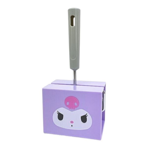 A lavender purple toilet paper holder with a cartoon character face and a gray plastic handle, shown on a plain white background.