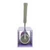 A purple plastic stamping block stand holding a gray-handled roller tool on a plain white background.