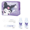 A Kuromi-themed toiletry gift set on a white background, featuring a translucent purple zippered pouch with a large Kuromi illustration, a white comb, a toothbrush tube, and two small white bottles with purple and blue Kuromi graphics.