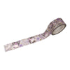 A roll of washi tape with a pastel purple and lavender cartoon character pattern, displayed diagonally on a plain white background.