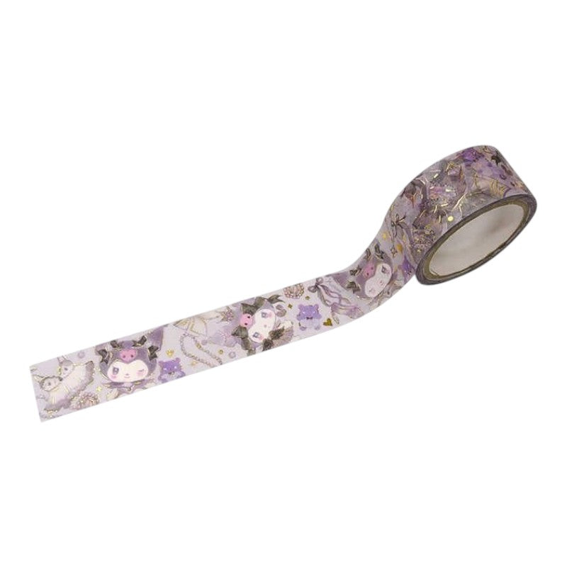 A roll of washi tape with a pastel purple and lavender cartoon character pattern, displayed diagonally on a plain white background.