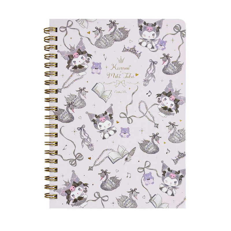 A spiral-bound notebook featuring a light lavender cover decorated with cute cartoon characters, bows, crowns, and gold script text, bound with a gold-tone spiral on a white background.