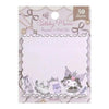 A package of 30 decorative sticky memo sheets from CottaPin x Sanrio, featuring Kuromi and other Sanrio characters in a pastel lavender and purple theme with lace borders.