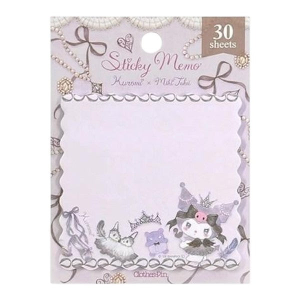 A package of 30 decorative sticky memo sheets from CottaPin x Sanrio, featuring Kuromi and other Sanrio characters in a pastel lavender and purple theme with lace borders.