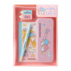 Stationery set with pink pencil case, pen, and notebook featuring cartoon characters in a clear packaging.