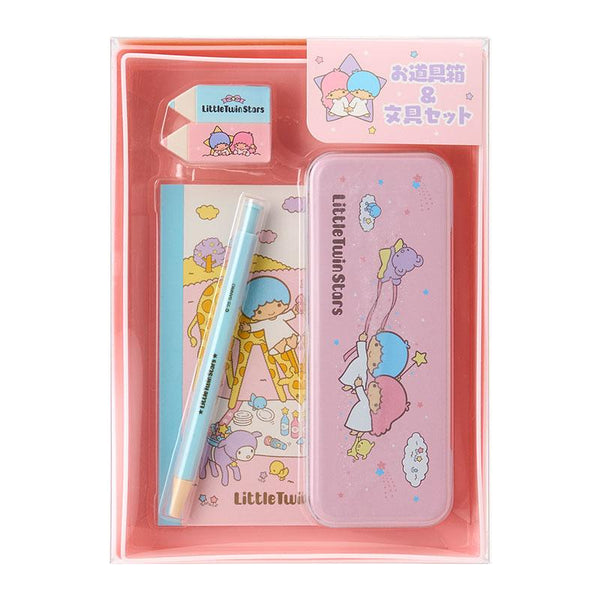 Stationery set with pink pencil case, pen, and notebook featuring cartoon characters in a clear packaging.