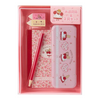 A Maddoon Cream pencil set in a clear plastic gift box, featuring a pink floral notebook, a red pencil, a pink eraser, and a pink pencil case with cute character illustrations.