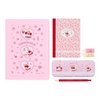 A pink Madelon Day stationery set featuring a notebook, pencil case, pencil, and erasers on a white background.