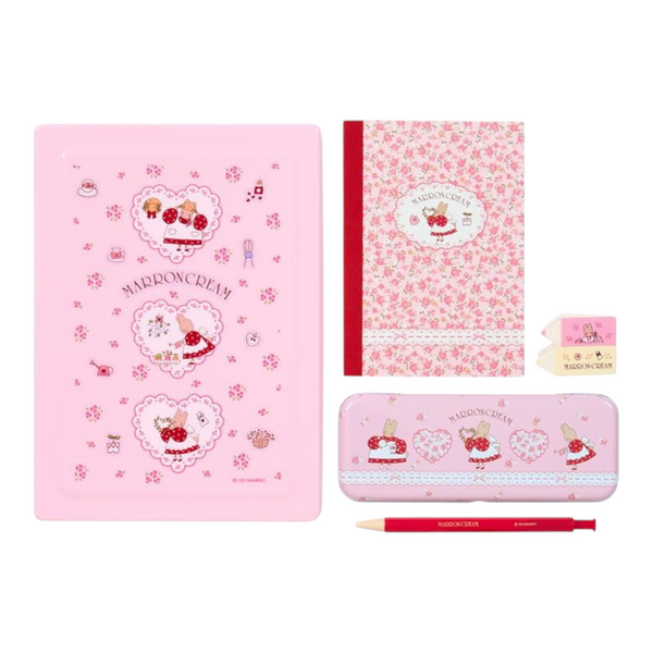 A pink Madelon Day stationery set featuring a notebook, pencil case, pencil, and erasers on a white background.