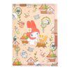 A pastel-colored notebook or planner cover featuring a whimsical illustration of a red-eared bunny, a squirrel, houses, baskets, flowers, and teacups on a peach background.