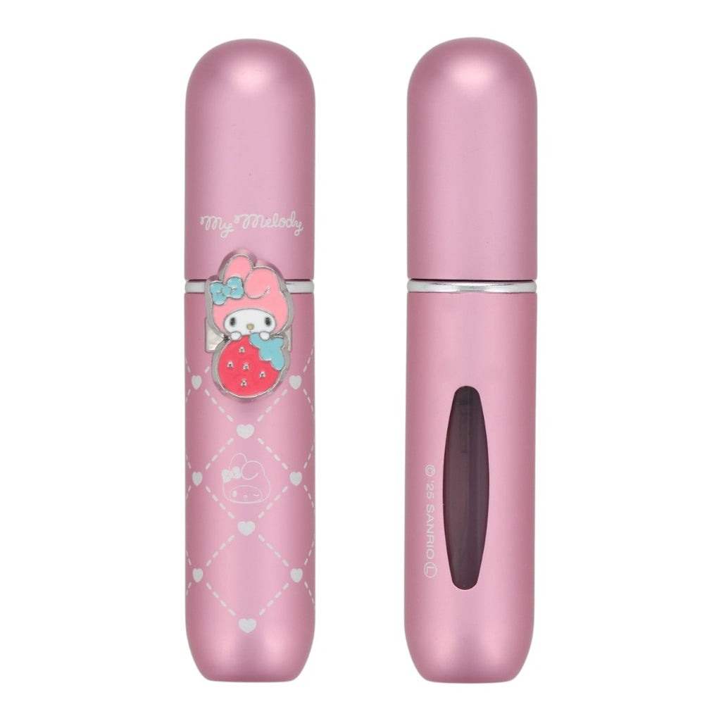 Twinkle Glory Sanrio My Melody pink perfume atomizer with a cute character charm and white heart pattern.