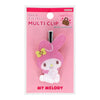 A Sanrio My Melody multi-clip hair accessory in its original pink retail packaging. The clip features a glittery pink bunny head with a yellow bow and a white body, attached to a silver metal clip.