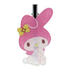 A pink glitter hair clip featuring a cute cartoon bunny character with a yellow flower accessory, shown against a plain white background.