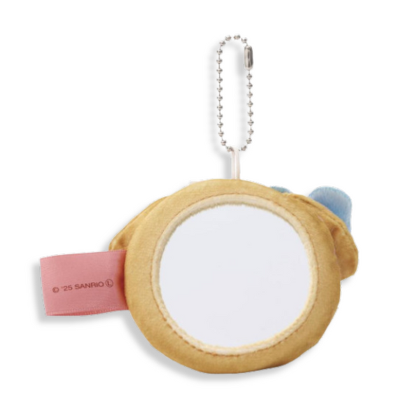 Plush keychain with a round mirror and pink strap on a white background