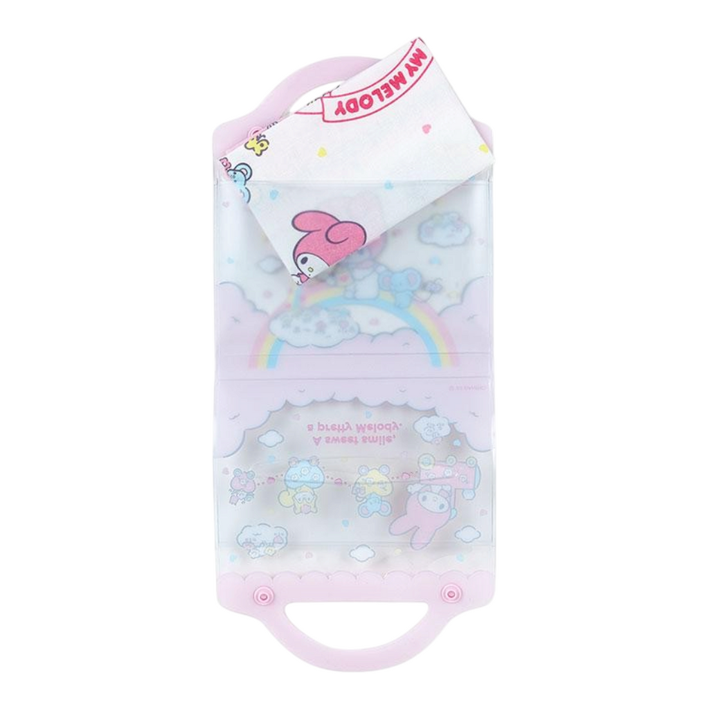 Twinkle Glory My Melody cotton handkerchief inside a clear pink PVC carrying case with rainbow and cloud print
