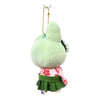 A small plush character keychain shown from the back, featuring a light green body, a green skirt, a pink floral top, and a gold metal chain.