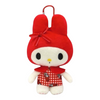 A red and white plush character keychain with bunny ears, a red bow, and a red-and-white gingham outfit, shown on a plain white background.