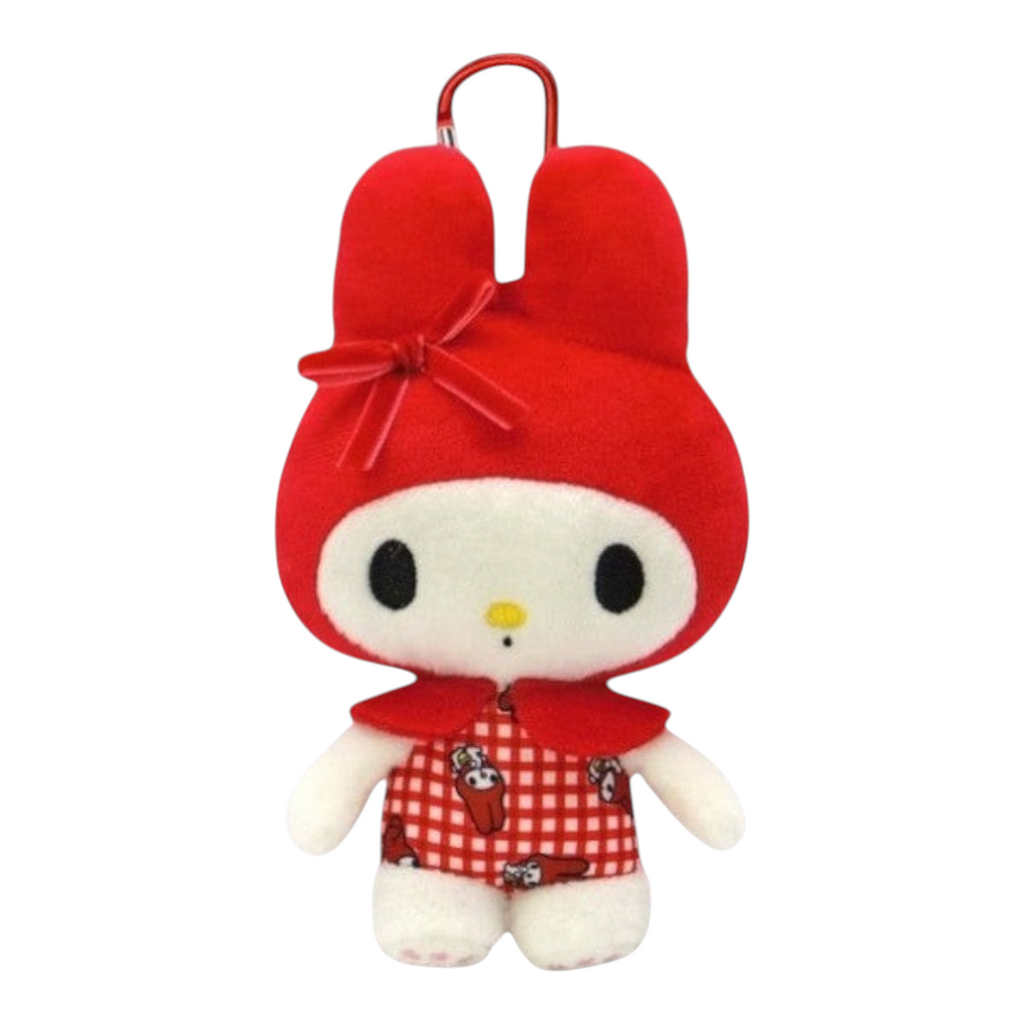 A red and white plush character keychain with bunny ears, a red bow, and a red-and-white gingham outfit, shown on a plain white background.