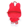 A red plush bunny-shaped zippered pouch with white feet and a red-and-white gingham skirt detail, shown against a plain white background.