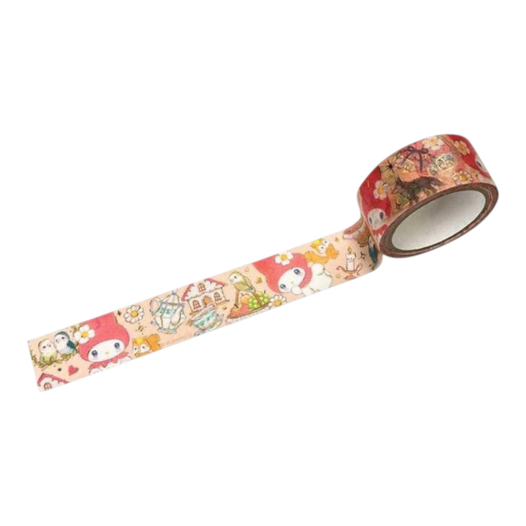 A roll of decorative washi tape with a colorful cartoon character pattern, partially unrolled on a plain white background.