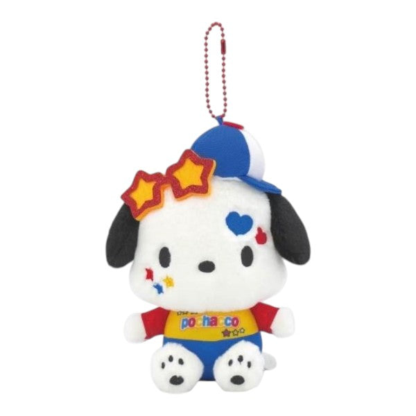 A Sanrio Pochacco plush keychain featuring the character in a blue and white cap with yellow star accents, a red heart on its cheek, and a yellow shirt with 'pochacco' written on it, complete with a red ball chain.