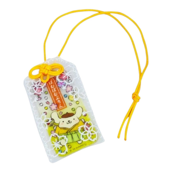Decorative tag with cartoon character and yellow string on a white background