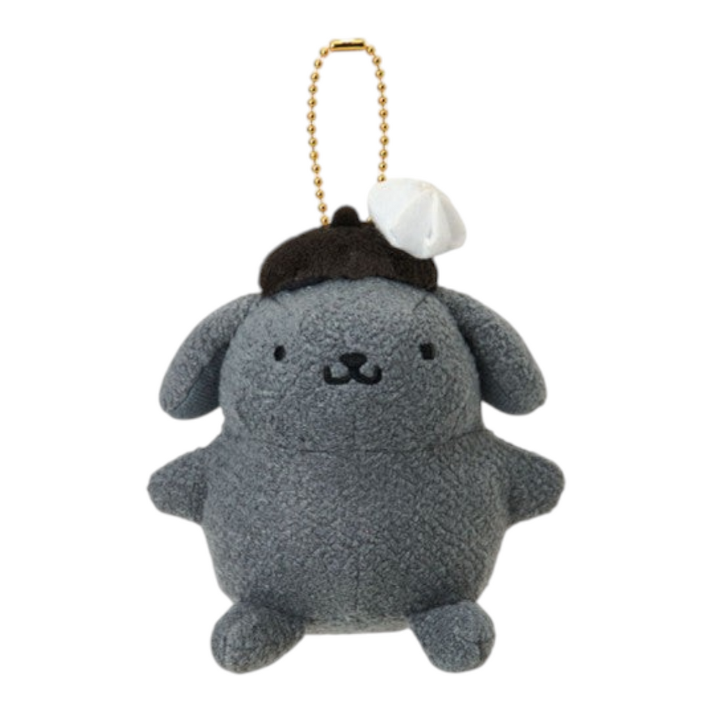 Twinkle Glory Pompompurin plush charm in grey textured fabric with a brown beret and gold ball chain attachment.