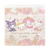 Illustration of Hello Kitty and friends with floral and decorative elements on a light pink background.