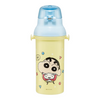Twinkle Glory Crayon Shin-Chan 480ml water bottle in yellow with a blue push-open lid and character graphics.
