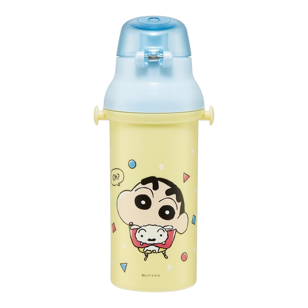 Twinkle Glory Crayon Shin-Chan 480ml water bottle in yellow with a blue push-open lid and character graphics.