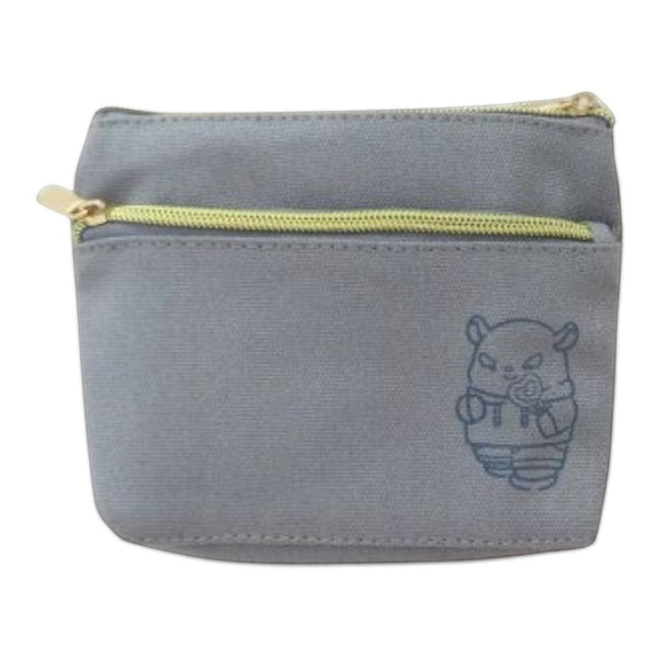 Twinkle Glory grey multi-pouch with Kuromi character applique embroidery and yellow zipper.
