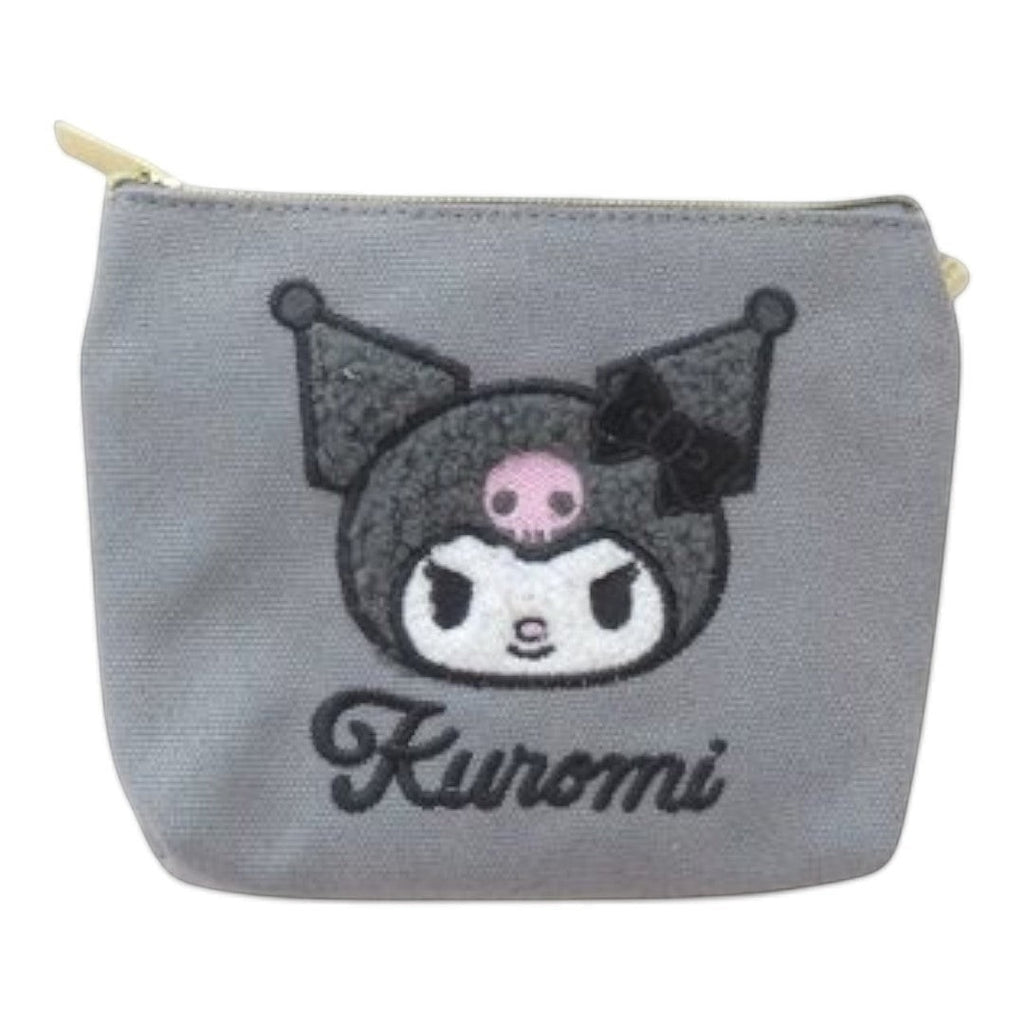 Twinkle Glory grey canvas multi-pouch with 3D applique embroidery of Kuromi character and name.