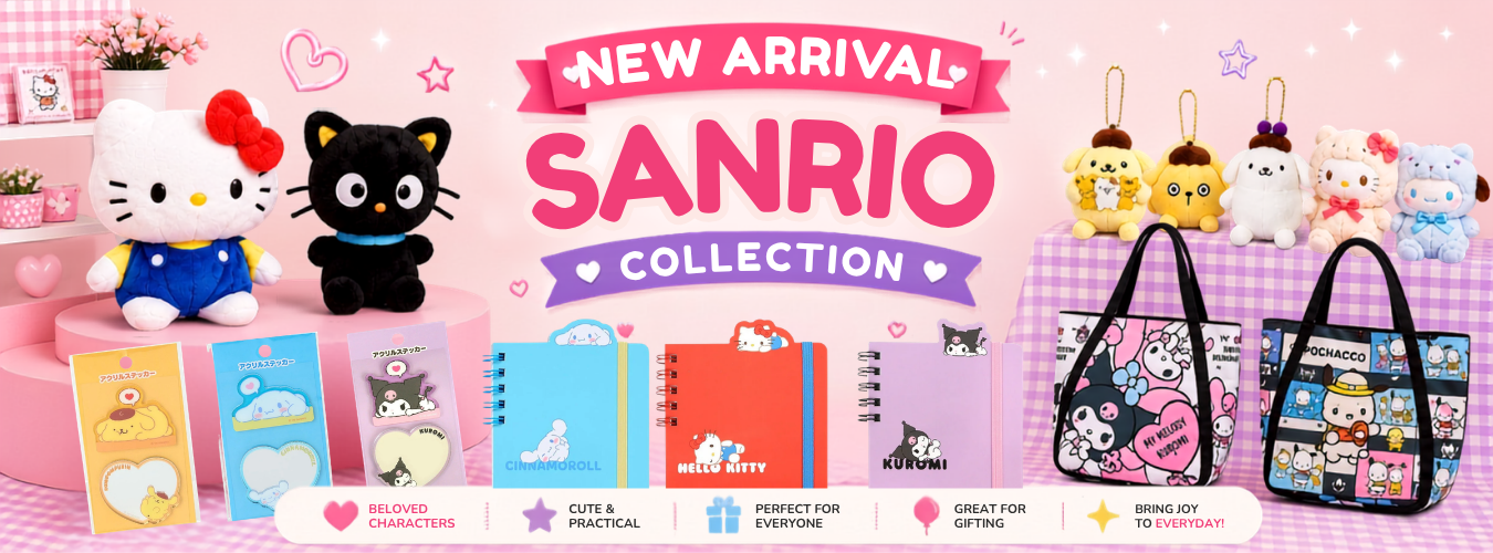 A promotional banner for a Sanrio collection featuring Hello Kitty and other Sanrio characters, including plush toys, notebooks, pens, and tote bags. The banner has a pink background with the text 'NEW ARRIVAL SANRIO COLLECTION' and various character illustrations.