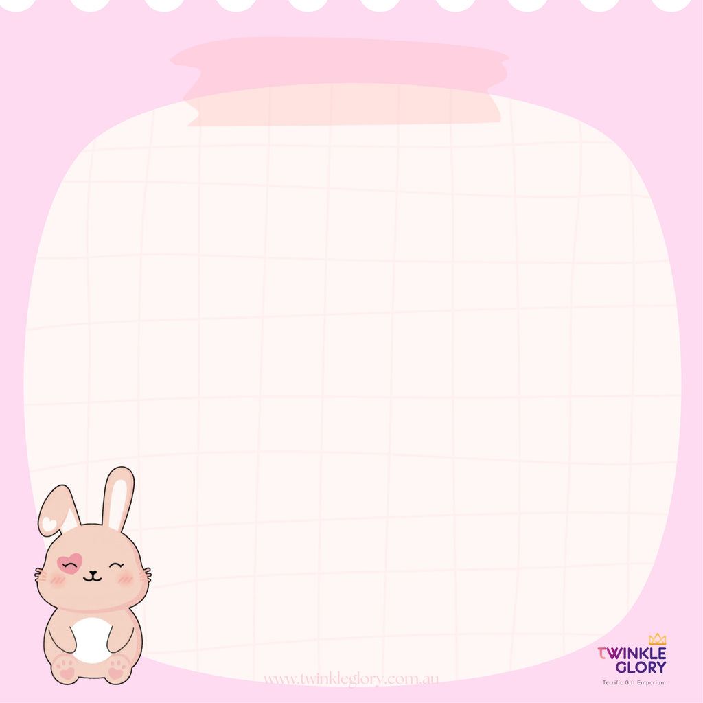Twinkle Glory pastel pink memo pad featuring a cute bunny illustration and washi tape style detail.